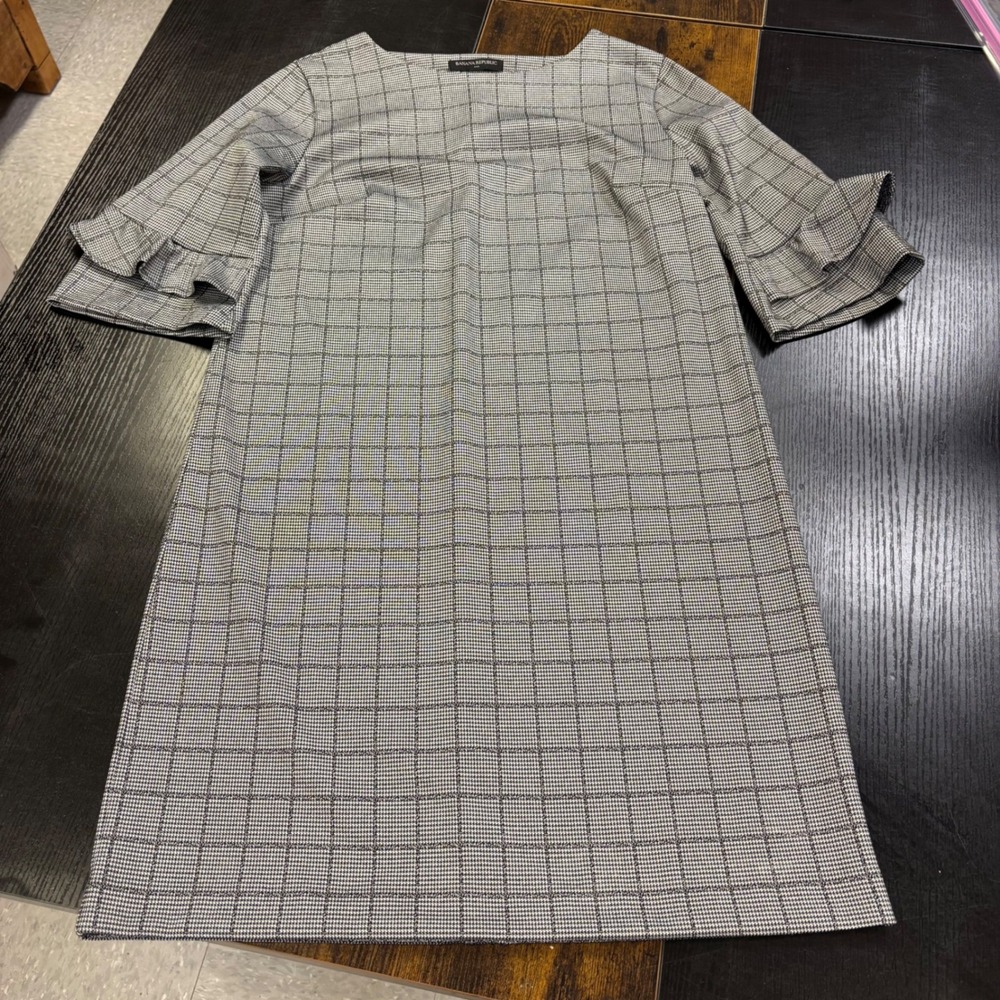 Banana Republic Glen Plaid Ruffle Sleeve Shift Dress Black White Mens Size 6